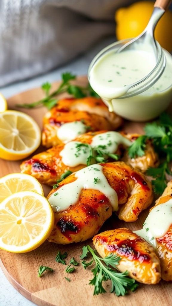 Creamy herbed buttermilk marinade in a bowl, with marinated chicken, fresh herbs, and lemons.